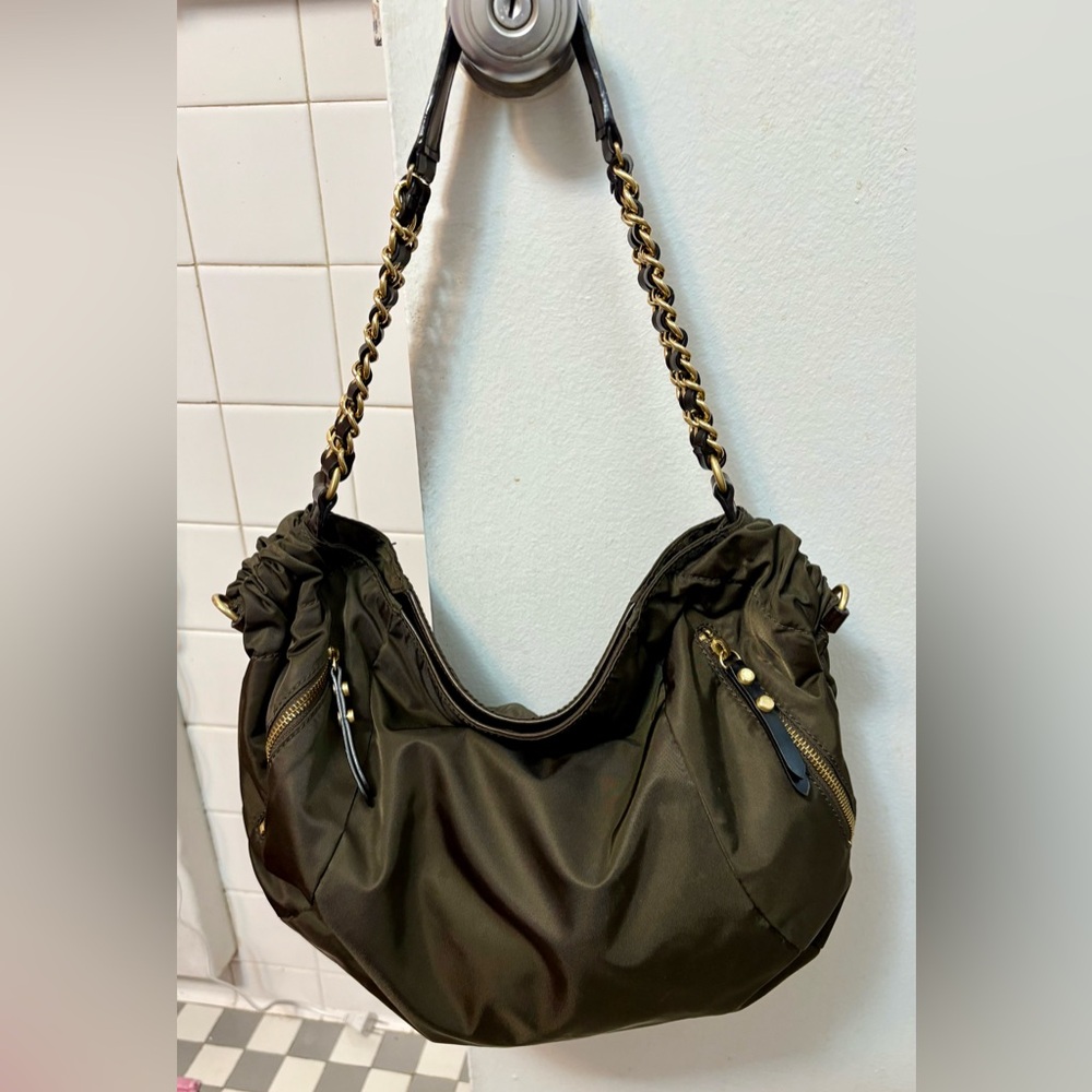 Vintage MaxxNY brown nylon hobo bag with gold-toned chains